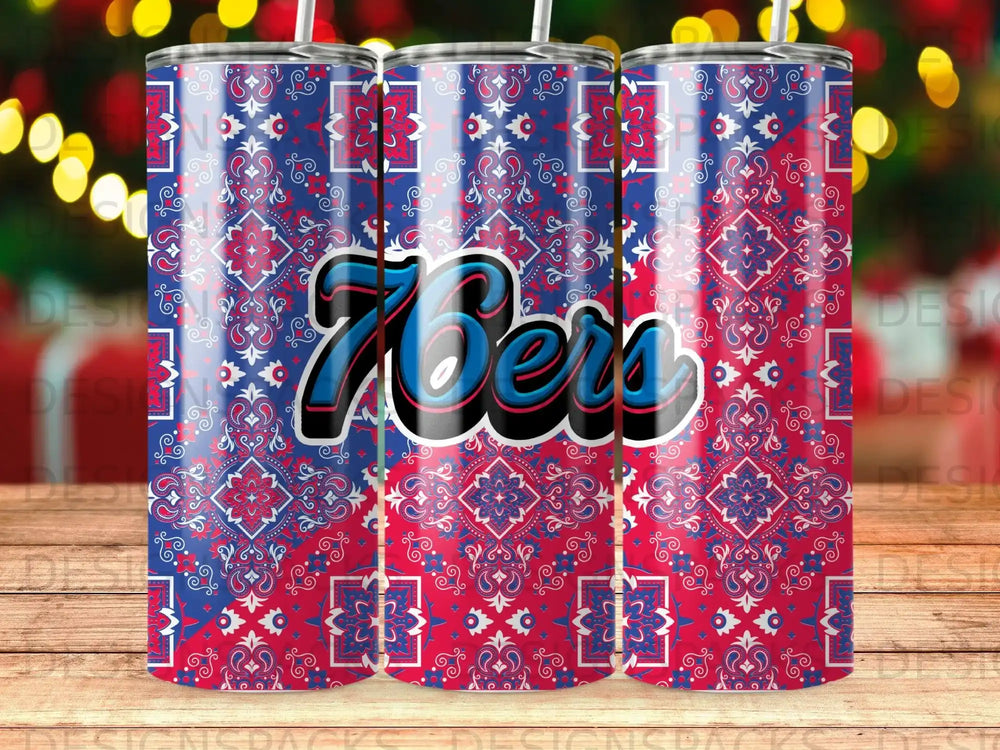 Tumbler with repeating blue, red, and white paisley pattern and "76ers" logo.