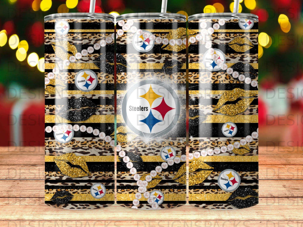 Pittsburgh Steelers tumbler with leopard print, gold glitter lips, and pearls.