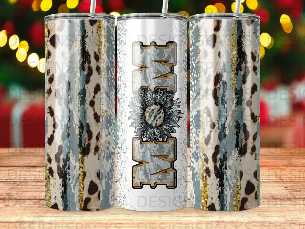 Mom tumbler with floral and animal print design.