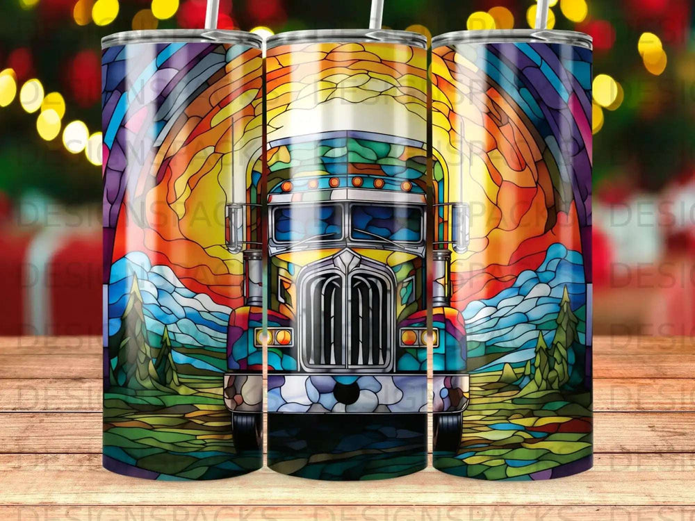 Stained glass truck front design on a tumbler with bokeh background.