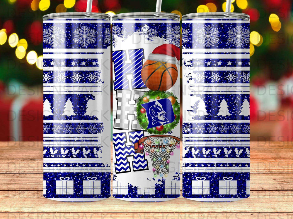 Blue and white patterned tumbler with basketball, Santa hat, and Duke logo.