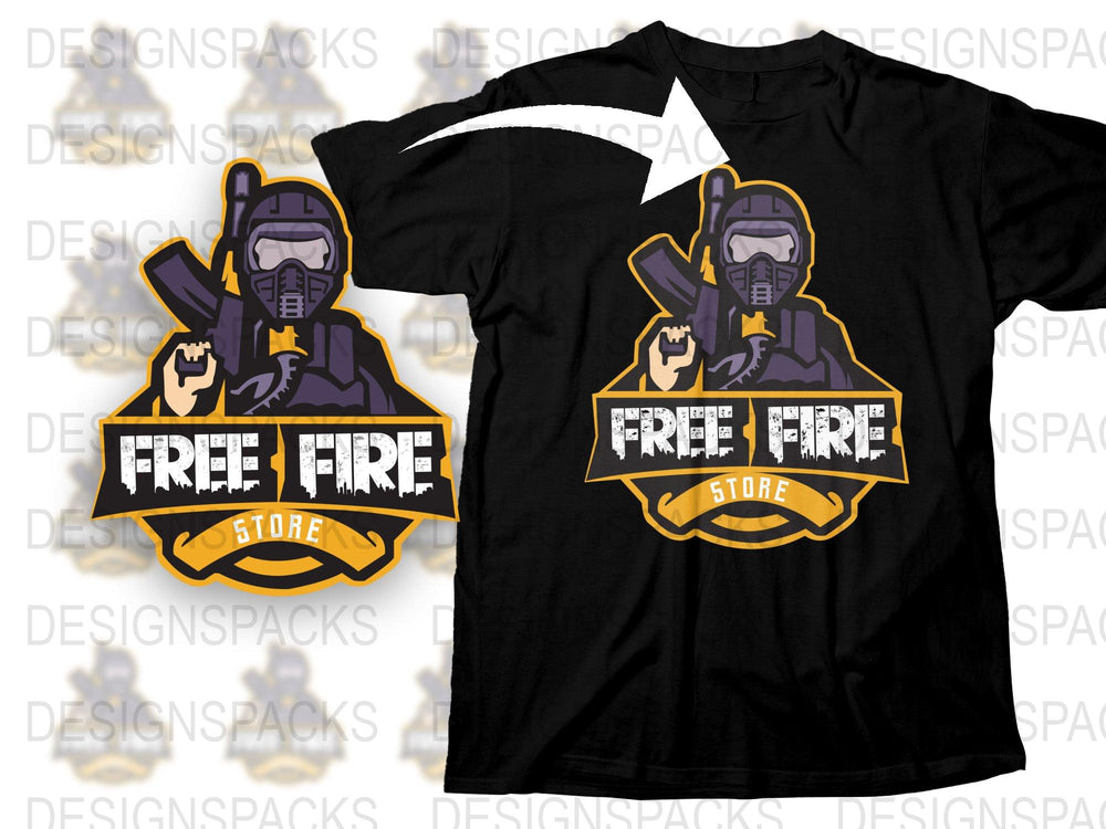 Free Fire T-Shirt, Gaming Graphic Tee, Men's Black Cotton Shirt, Casual Wear, Gamer Apparel, Purple Design
