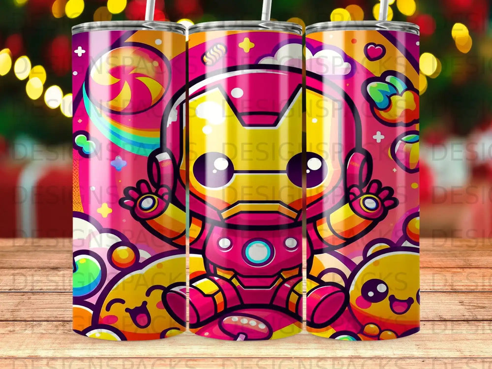 Kawaii Iron Man character surrounded by colorful candy and cartoon characters.