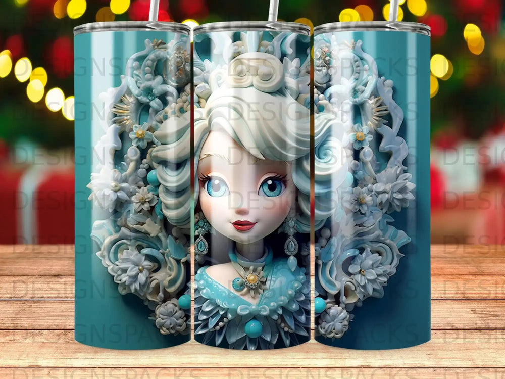 Illustration of a whimsical woman with elaborate blue and white hair and ornate collar.