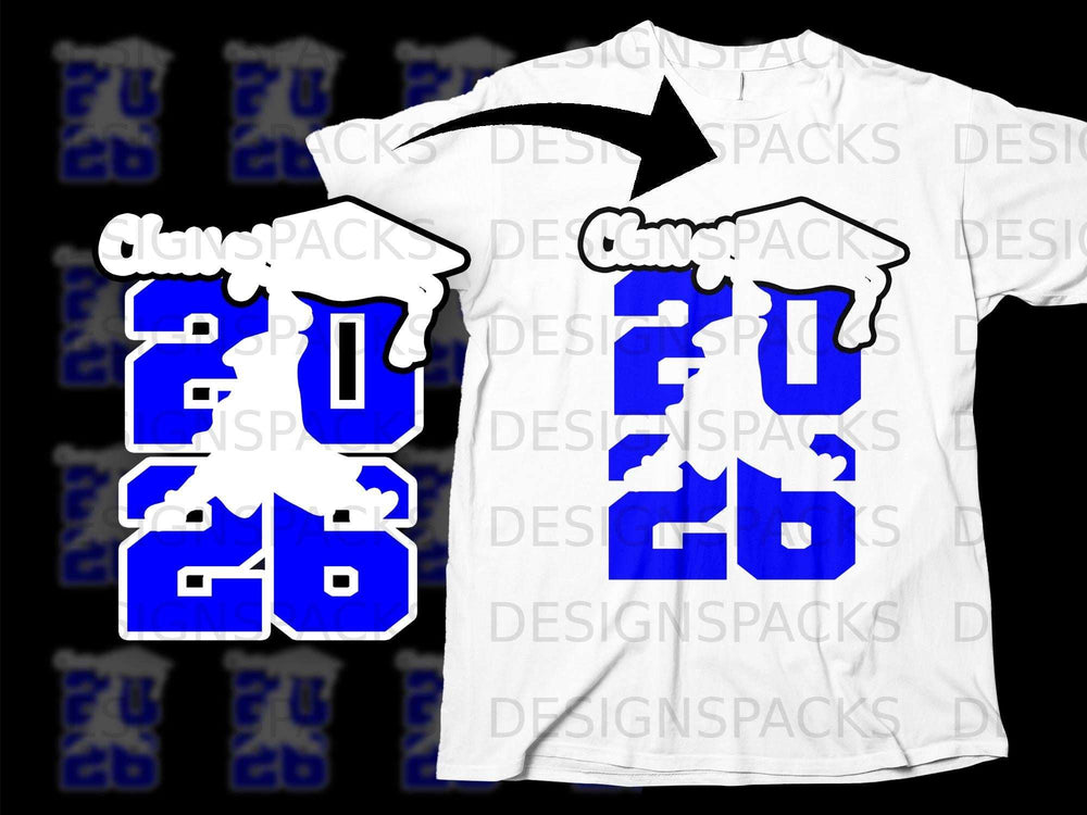 White t-shirt with blue "2026" graduation design and graduation cap graphic.