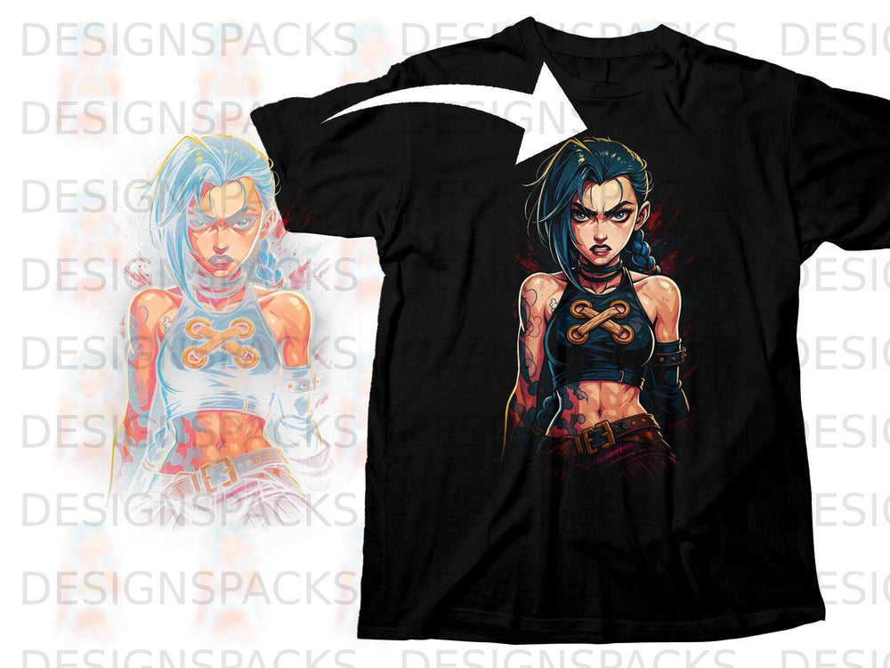 Black t-shirt featuring a stylized anime character with blue hair and determined expression.