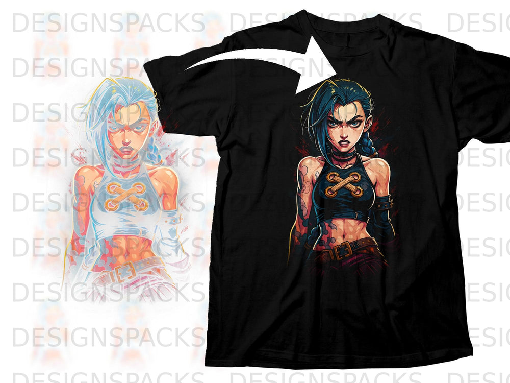 Black t-shirt featuring a stylized anime character with blue hair and determined expression.