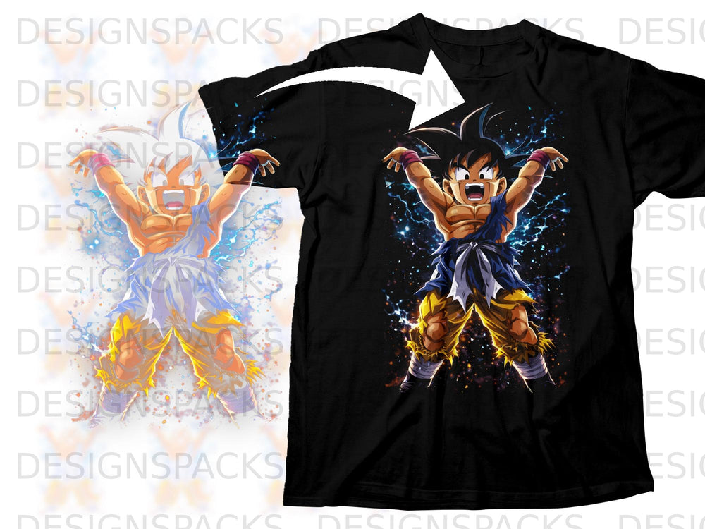 Black t-shirt featuring an anime character with spiky hair and blue energy.