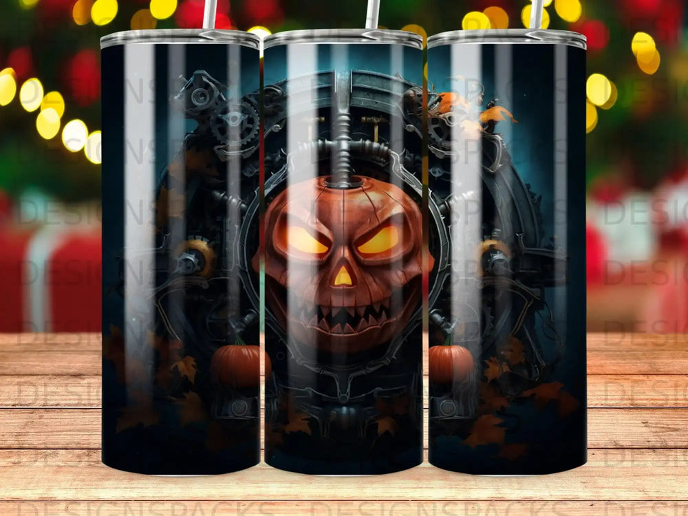 Spooky jack-o'-lantern skull with gears and autumn leaves on a dark background.