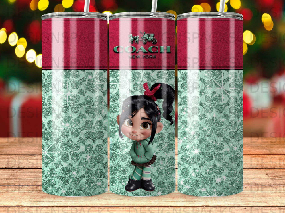 Vanellope von Schweetz on a glittery tumbler with the Coach New York logo.