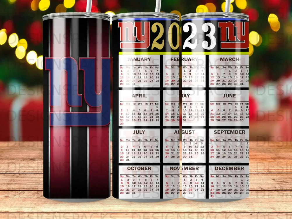 2023 New York Giants calendar tumblers with metallic logo.