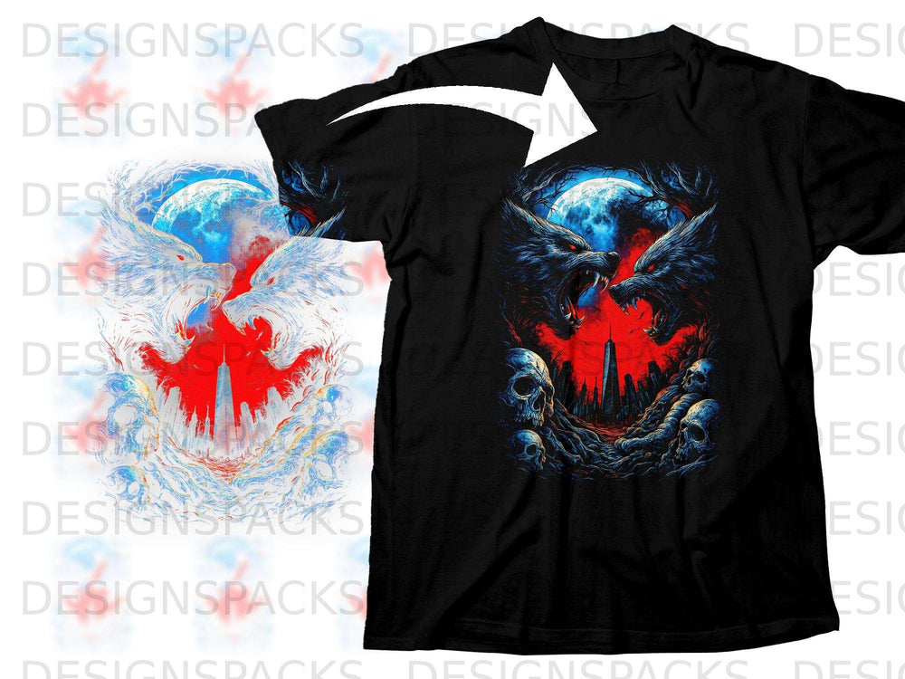 Black t-shirt with a graphic of two snarling wolves under a full moon.