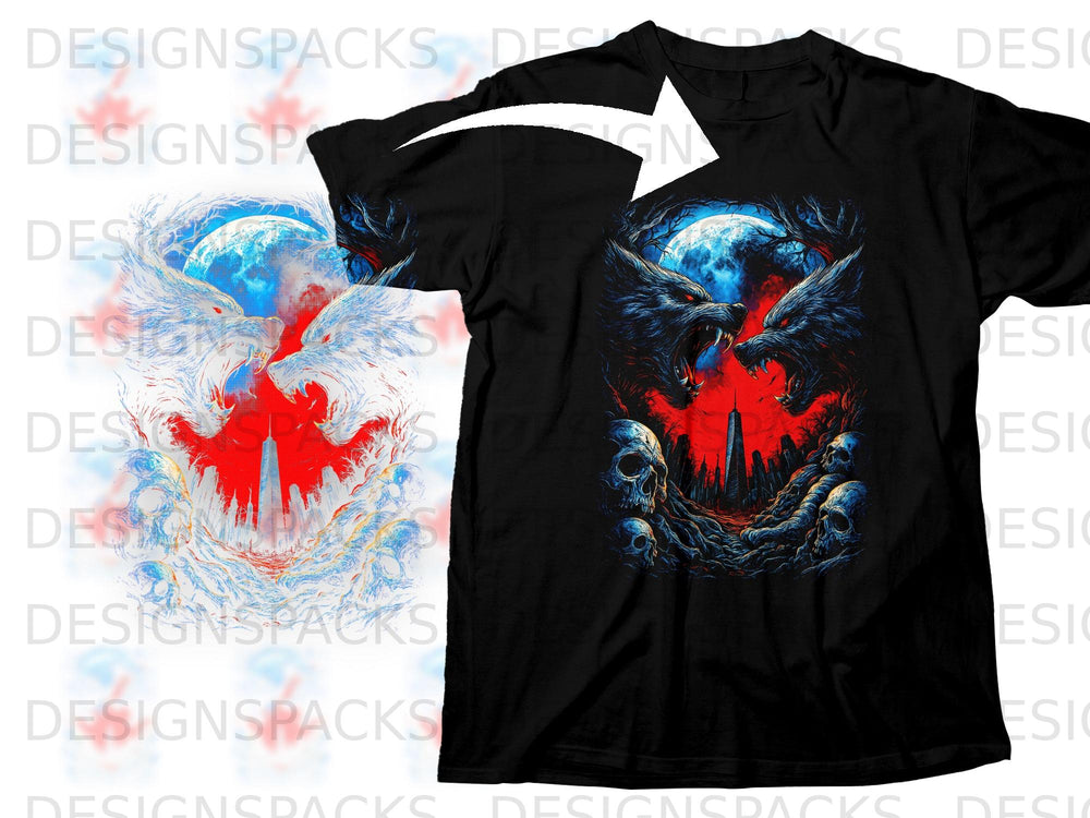 Black t-shirt with a graphic of two snarling wolves under a full moon.