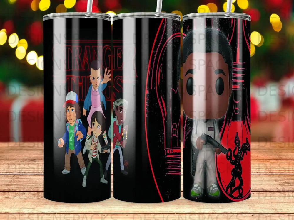 Stranger Things characters Eleven, Mike, Dustin, and Lucas on a black tumbler.