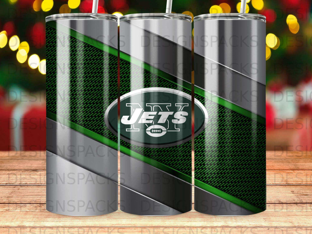 New York Jets logo on a green and silver striped tumbler.