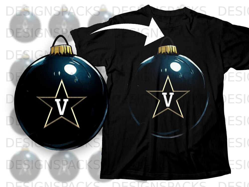 Black t-shirt with a dark blue Christmas ornament featuring a gold star and white "V".