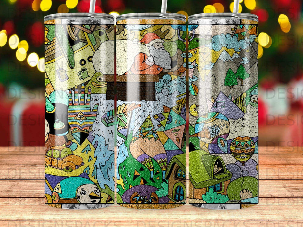 Three tumblers with colorful, abstract cartoon art, including Santa and mountain scenes.