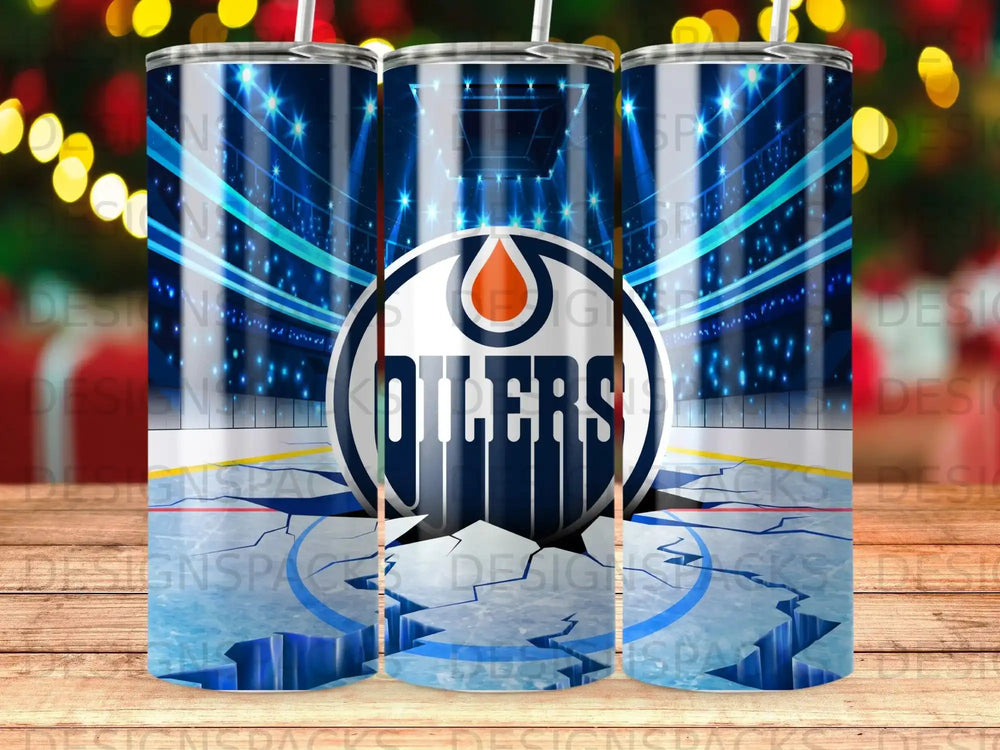Edmonton Oilers logo on a hockey rink backdrop on a tumbler.