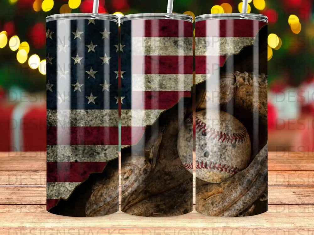 American flag cracked open to reveal baseball glove and ball.