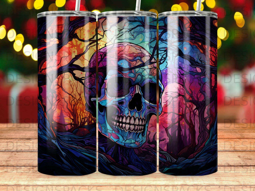 Colorful skull in spooky, dark forest with glowing lights.