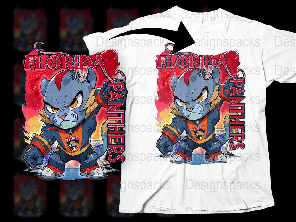 Florida Panthers Themed T-Shirt, Cartoon Mascot Graphic, Kids and Adults Sizes, Sports Fan Apparel