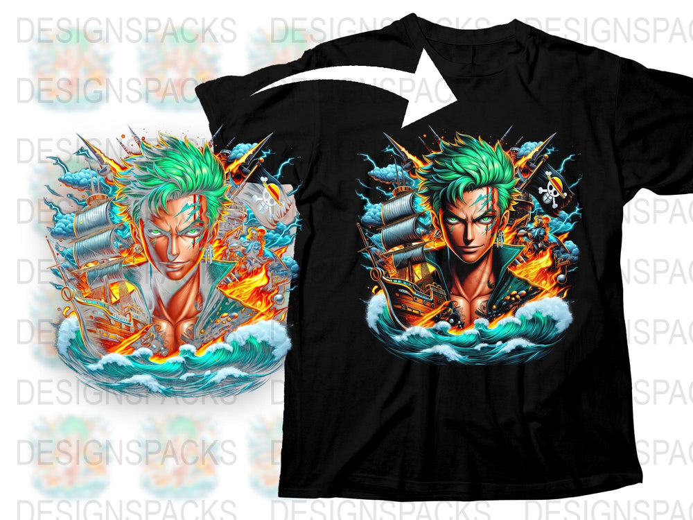 Anime Inspired Fiery Graphic T-Shirt, Vibrant Green Hair Character, Cool Ocean Waves, Unisex Cotton Tee