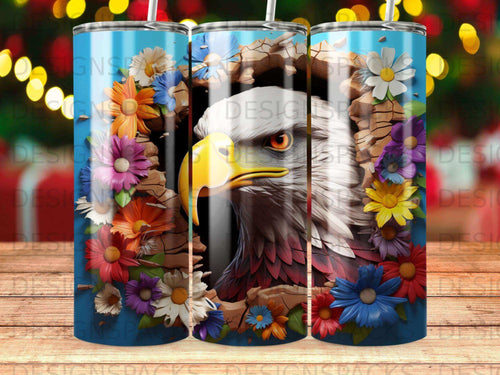 Eagle head with colorful flowers and cracked wood background.