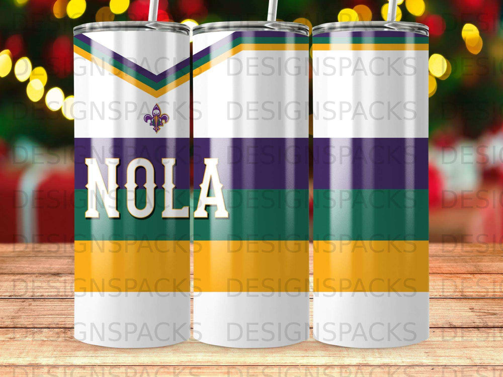 "NOLA" text on a tumbler with green, white, and purple stripes.