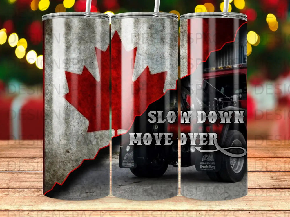Canadian flag and "Slow Down Move Over" text on a distressed truck background.