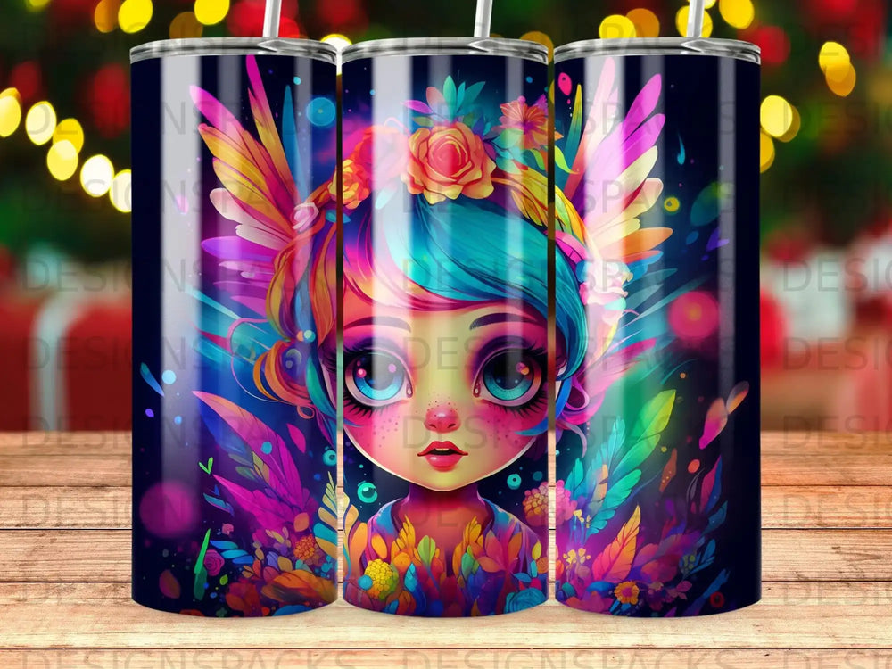 Colorful fairy-like girl with wings and floral accents.
