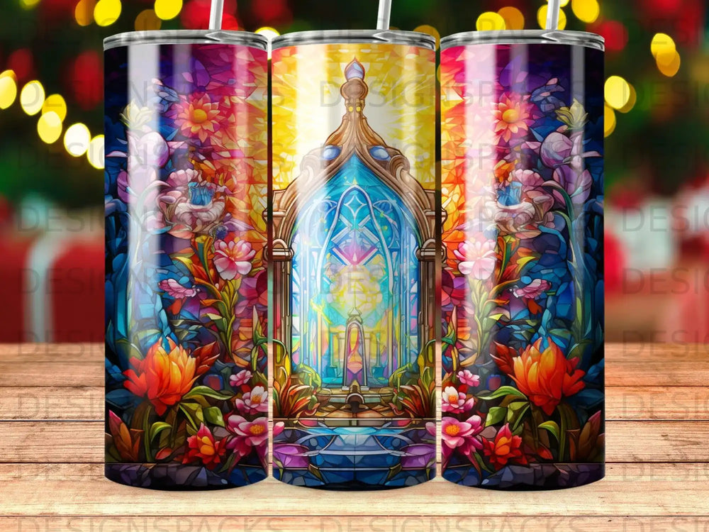 Stained glass cathedral window surrounded by vibrant flowers and plants.