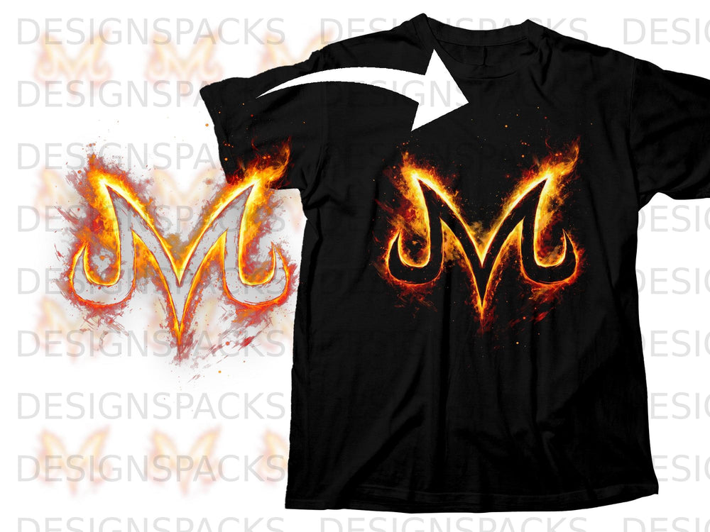 Black t-shirt with a flaming letter M graphic centered on the chest.