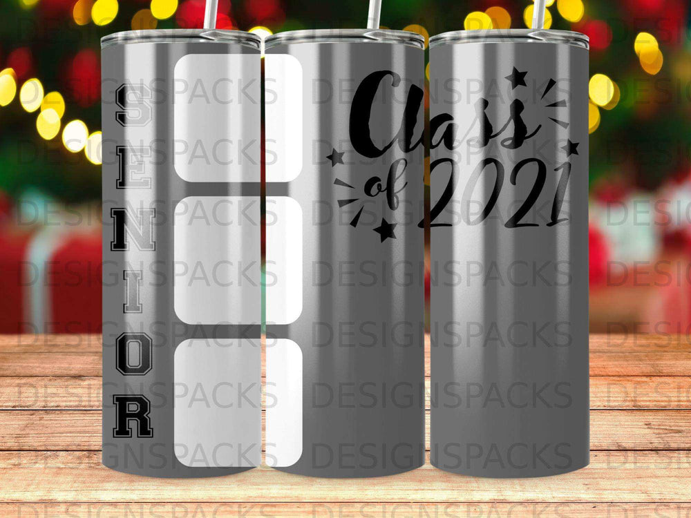 Tumbler featuring "Class of 2021" design with graduation cap and diploma.