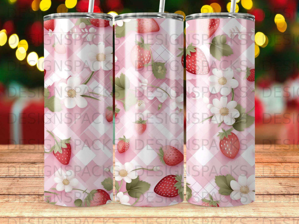 Pink checkered tumbler with strawberries and green leaves pattern.