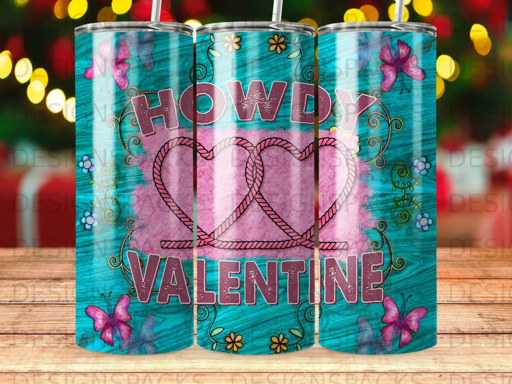 Howdy Valentine design with pink hearts and butterflies on a teal wood background.