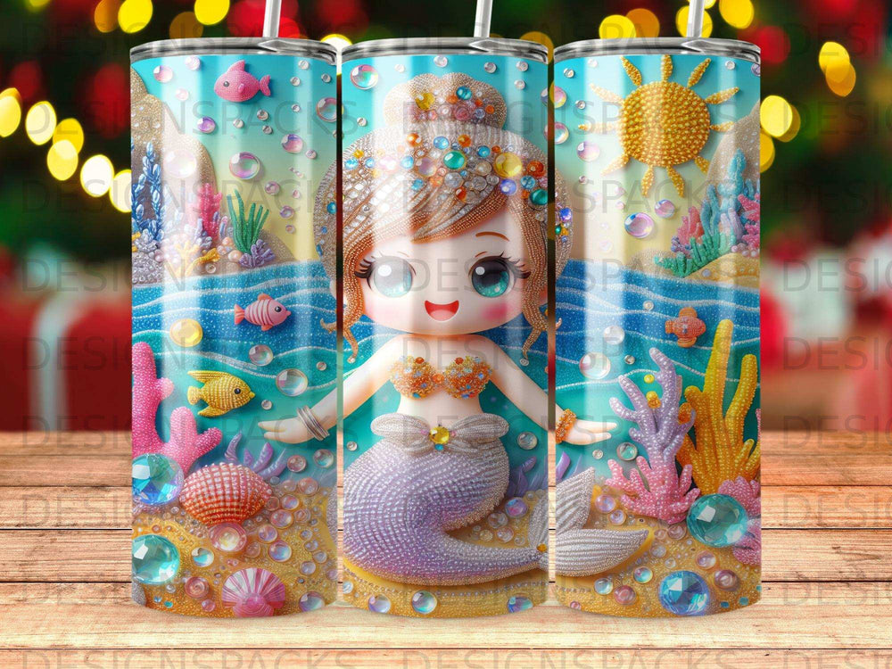 Three tumblers decorated with a cartoon mermaid, underwater scene, and colorful embellishments.