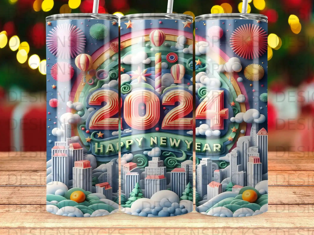 2024 Happy New Year with cityscape and fireworks design on a tumbler.