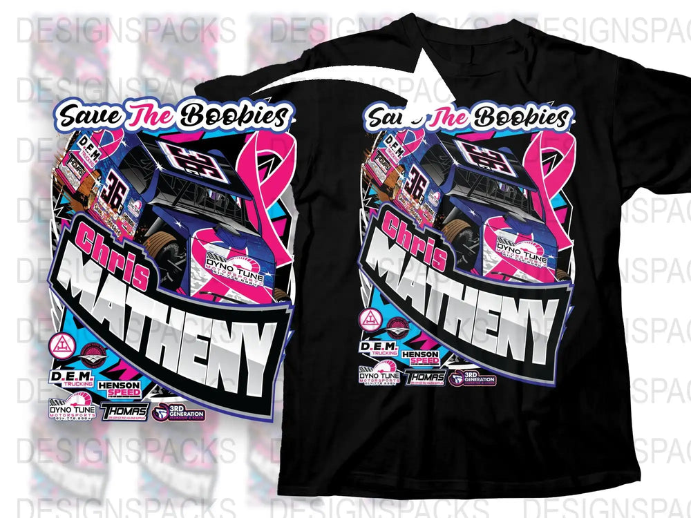 Save The Boobies Race Car Graphic T-Shirt, Chris Matheny Pink Ribbon Design, Black Cotton Tee
