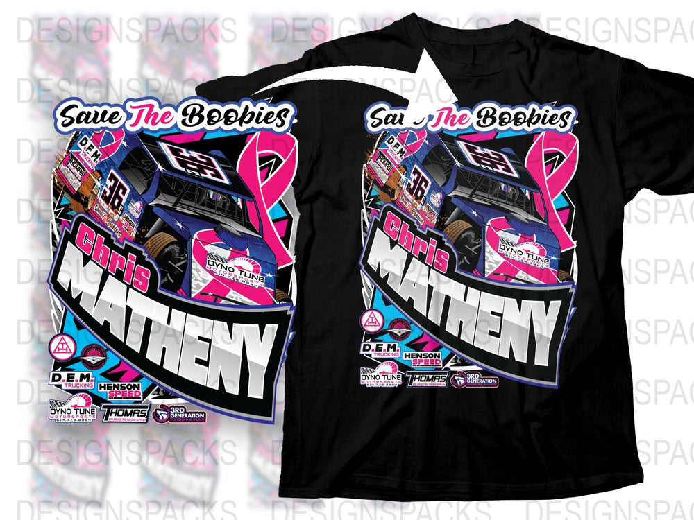 Save The Boobies Race Car Graphic T-Shirt, Chris Matheny Pink Ribbon Design, Black Cotton Tee