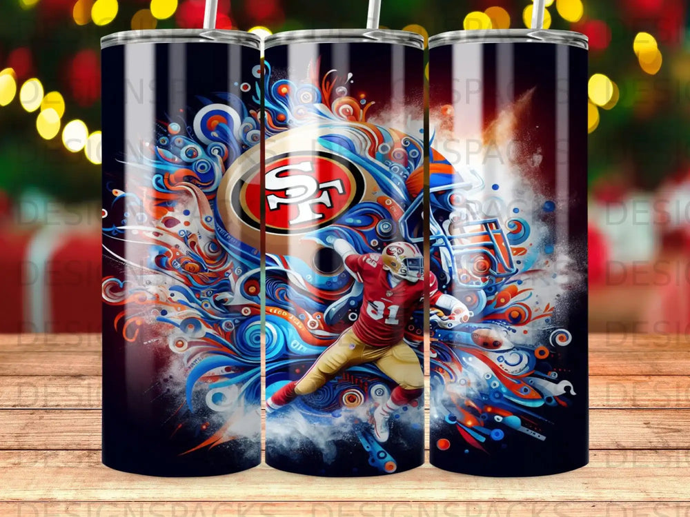 San Francisco 49ers player in uniform with helmet and football, surrounded by abstract colorful shapes.