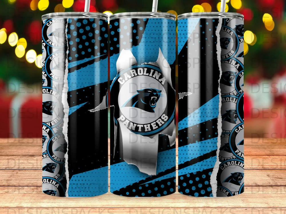Carolina Panthers logo on a ripped blue and black speckled tumbler.