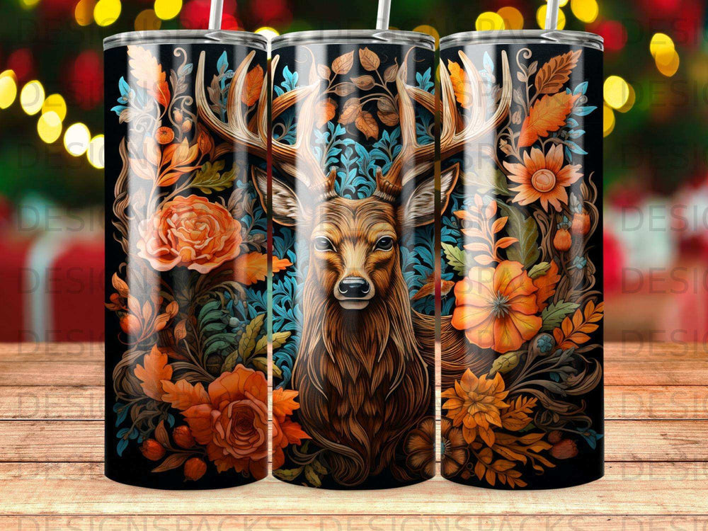 Deer head surrounded by autumn flowers and leaves on a dark background.