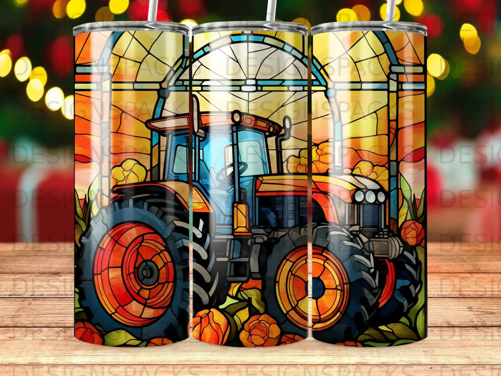 Stained glass tractor with floral accents and yellow lights in background.