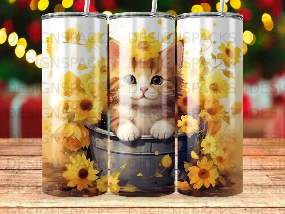 Ginger kitten in a bucket surrounded by sunflowers.
