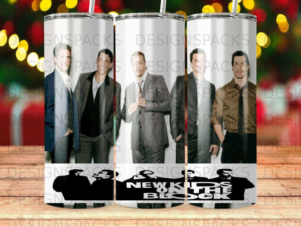 New Kids on the Block group standing, with band logo and text.