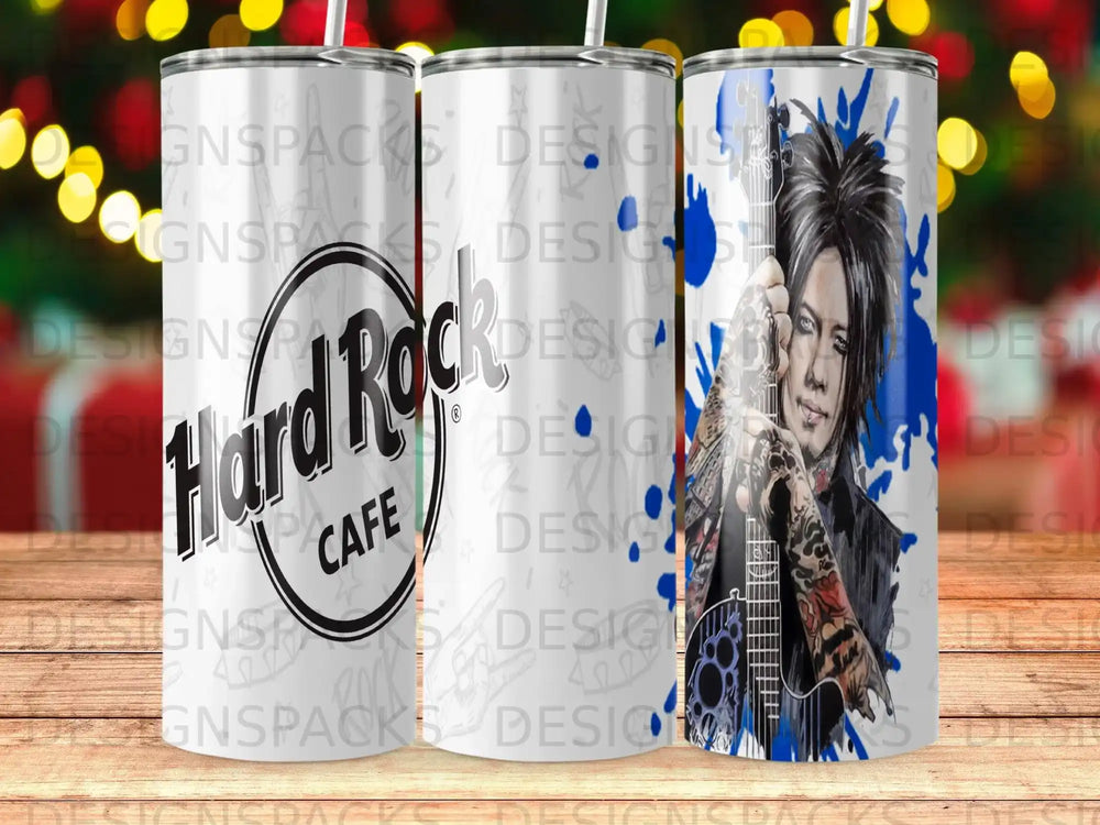 Hard Rock Cafe logo and tattooed guitarist on a tumbler.