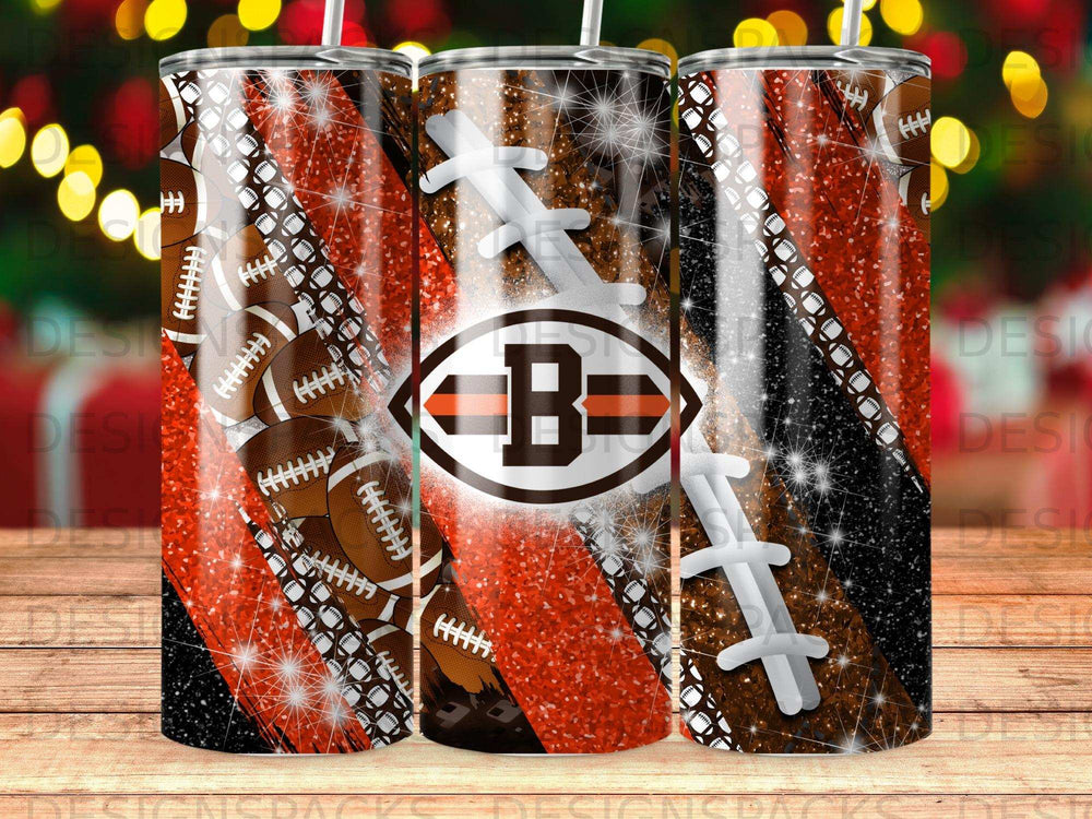 Tumbler with football pattern and "B=" logo, featuring glitter accents.
