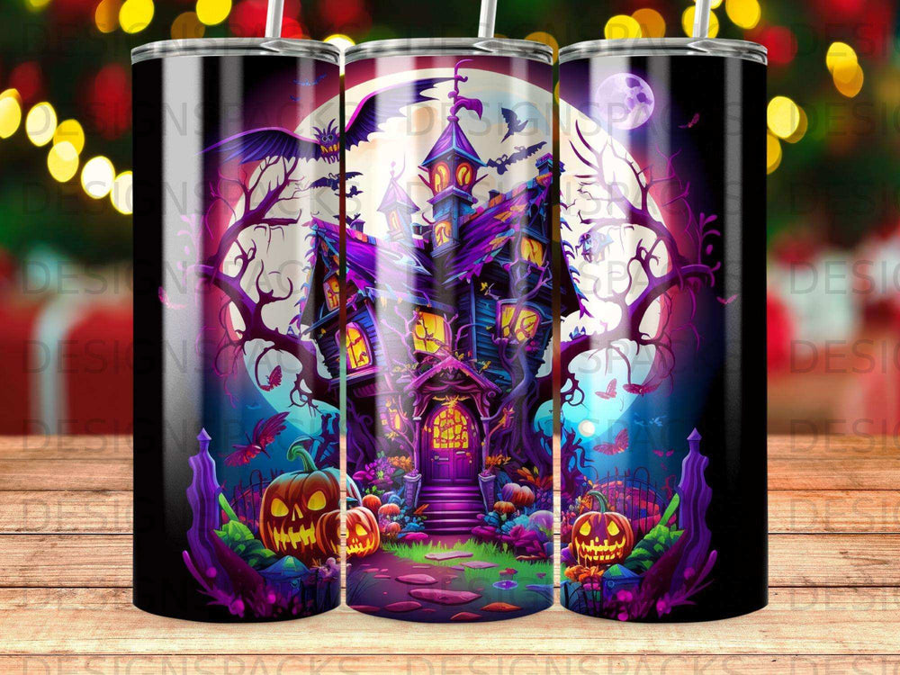 Spooky haunted house with pumpkins and bats under a full moon.