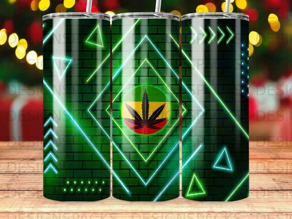 Green cannabis leaf logo on a dark background with neon geometric shapes.