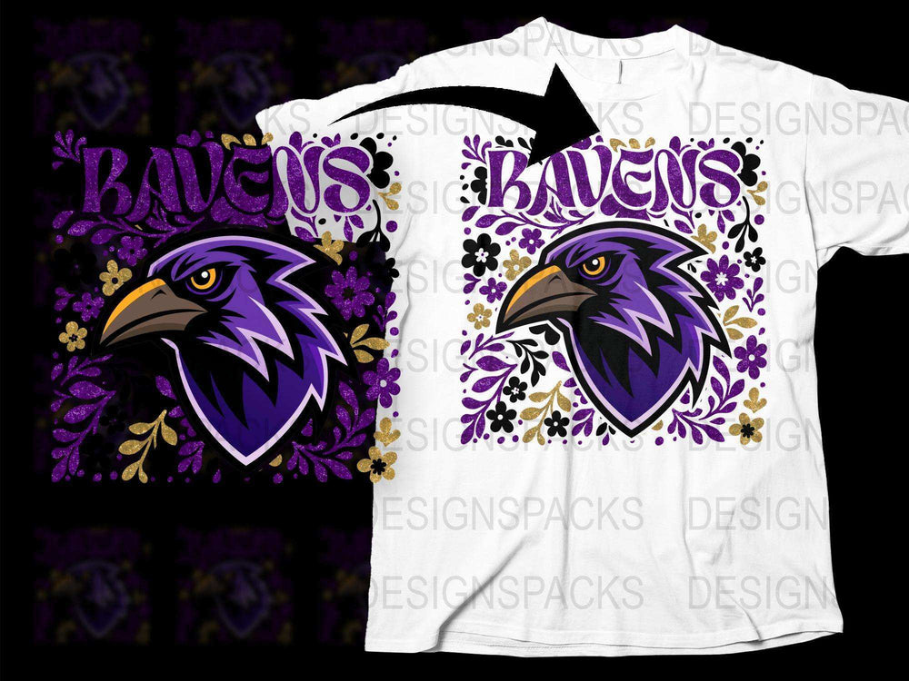 Ravens Graphic T-Shirt, Purple and Black Bird Design, Floral Accents, Unisex Casual Wear